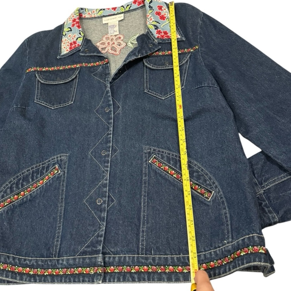 Trucker style jacket by Susan Graver Upcycled Floral Collar, Embroidered Trim - Picture 5 of 7